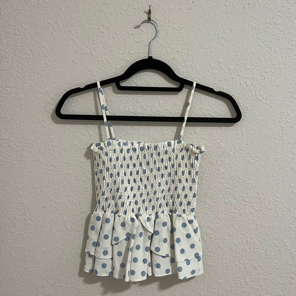 Zara Peplum Tank Top With Blue Polka Dots